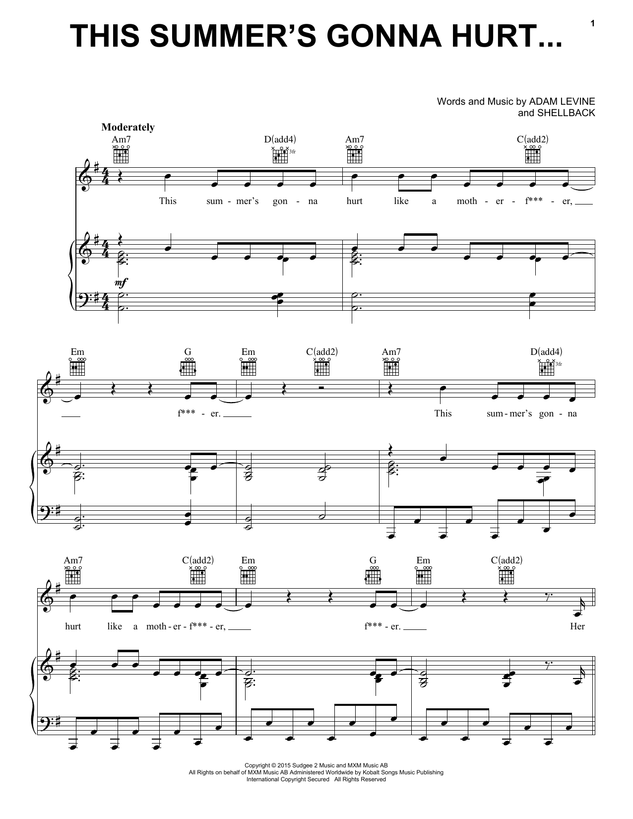 Maroon 5 This Summer's Gonna Hurt Like A Motherf***er sheet music notes and chords arranged for Piano, Vocal & Guitar Chords (Right-Hand Melody)