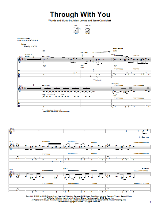 Maroon 5 Through With You sheet music notes and chords arranged for Piano, Vocal & Guitar Chords