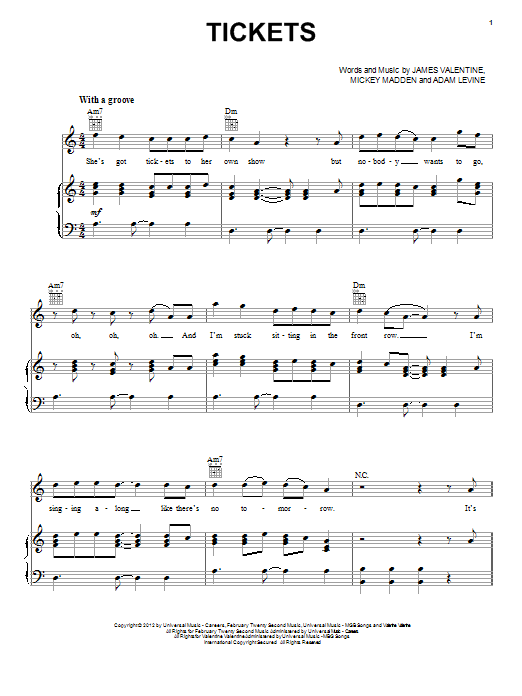 Maroon 5 Tickets sheet music notes and chords arranged for Piano, Vocal & Guitar Chords (Right-Hand Melody)