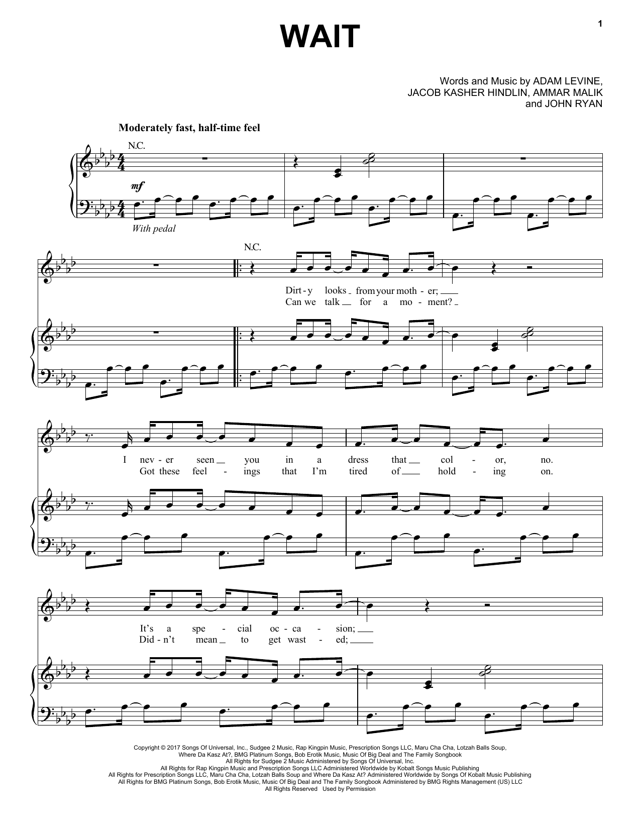 Maroon 5 Wait sheet music notes and chords arranged for Piano, Vocal & Guitar Chords (Right-Hand Melody)