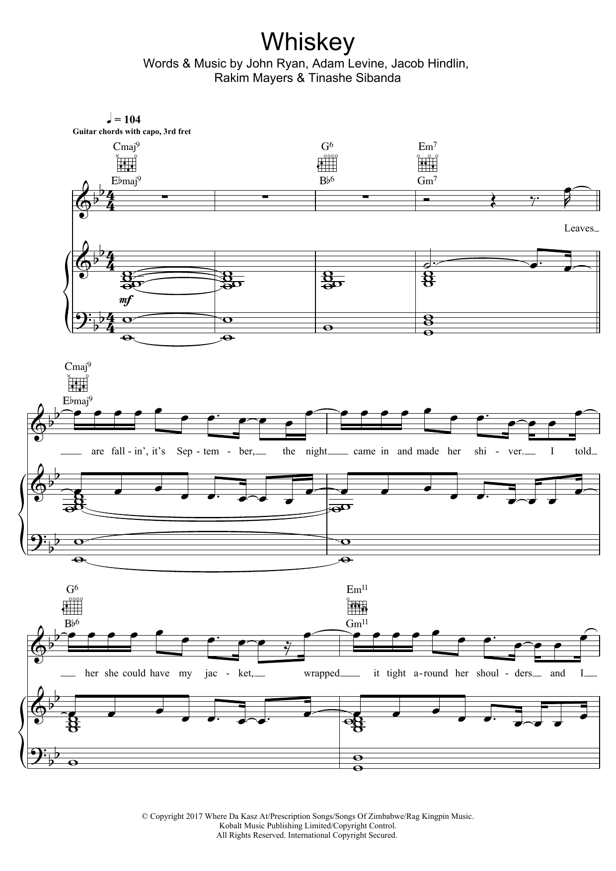 Maroon 5 Whiskey (featuring A$AP Rocky) sheet music notes and chords arranged for Piano, Vocal & Guitar Chords