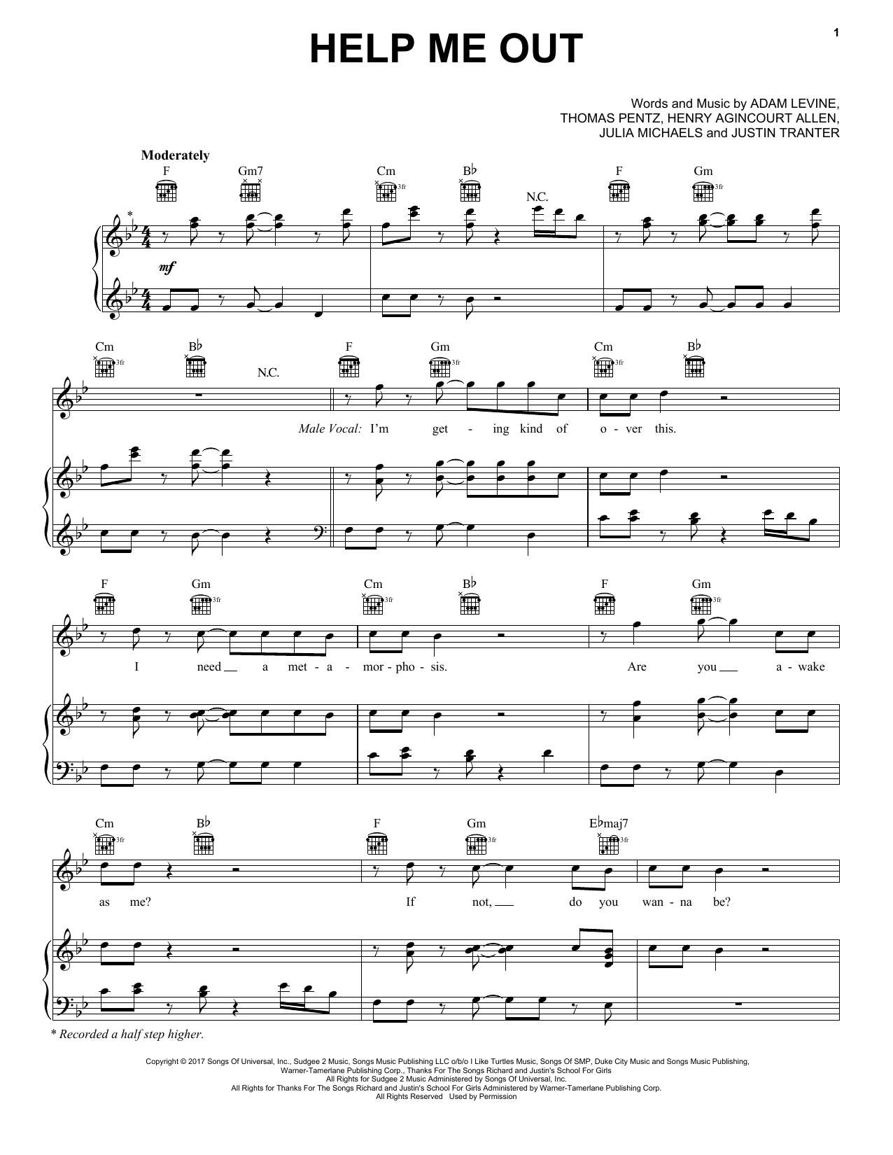 Maroon 5 with Julia Michaels Help Me Out sheet music notes and chords arranged for Piano, Vocal & Guitar Chords (Right-Hand Melody)
