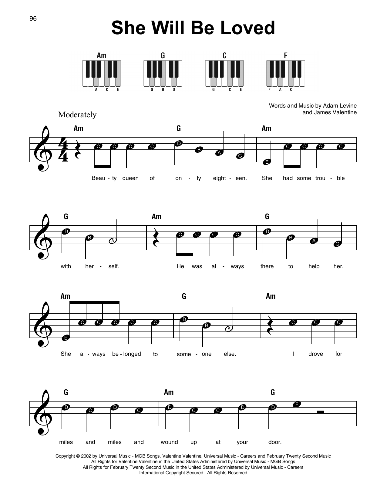 Maroon5 She Will Be Loved sheet music notes and chords arranged for Super Easy Piano