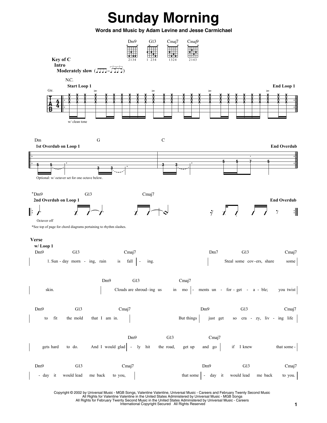 Maroon5 Sunday Morning sheet music notes and chords arranged for Guitar Lead Sheet