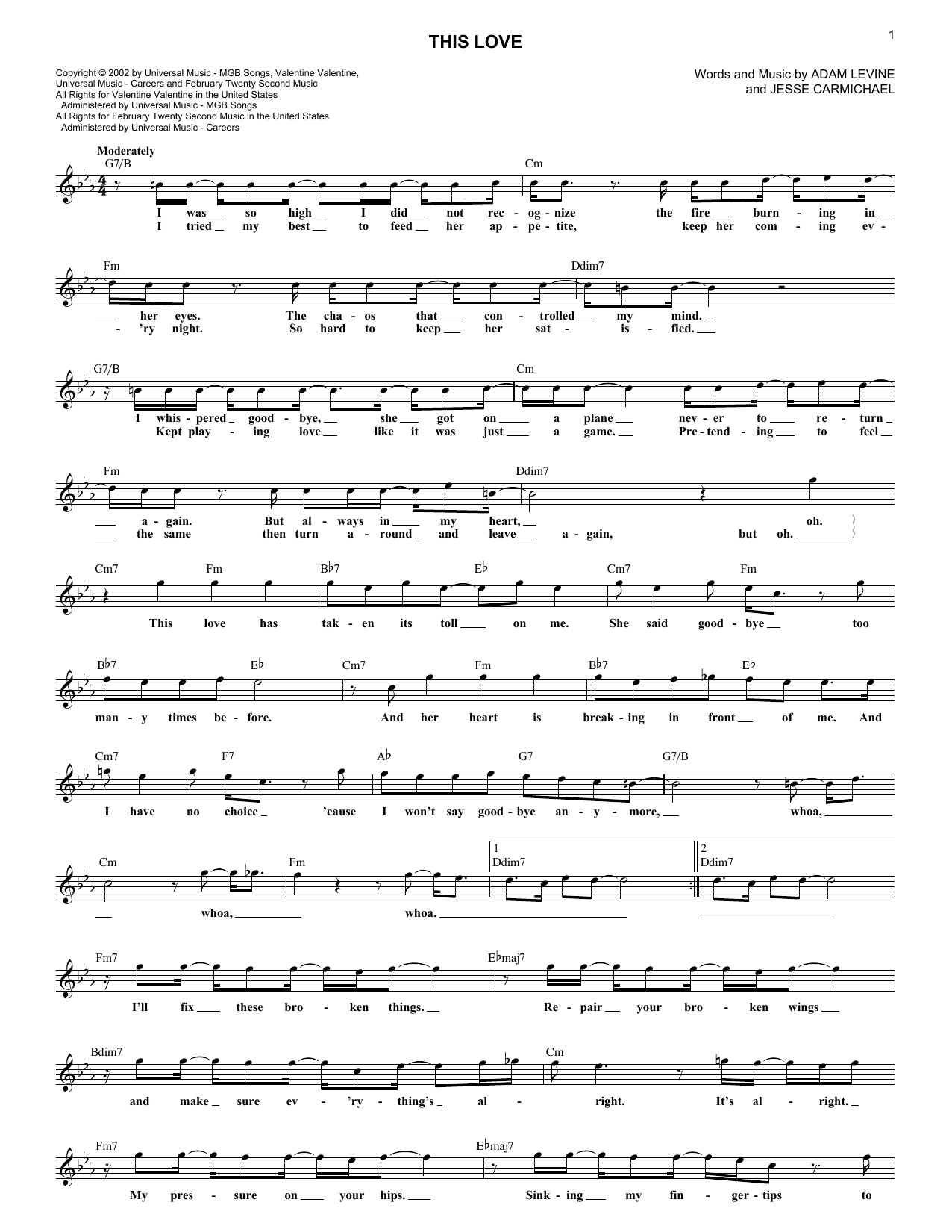 Maroon 5 This Love sheet music notes and chords arranged for Lead Sheet / Fake Book