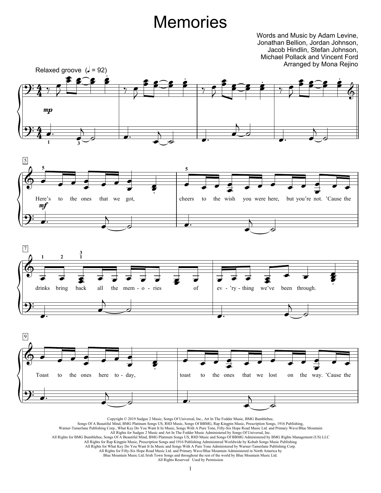 Maroon 5 Memories (arr. Mona Rejino) sheet music notes and chords arranged for Educational Piano