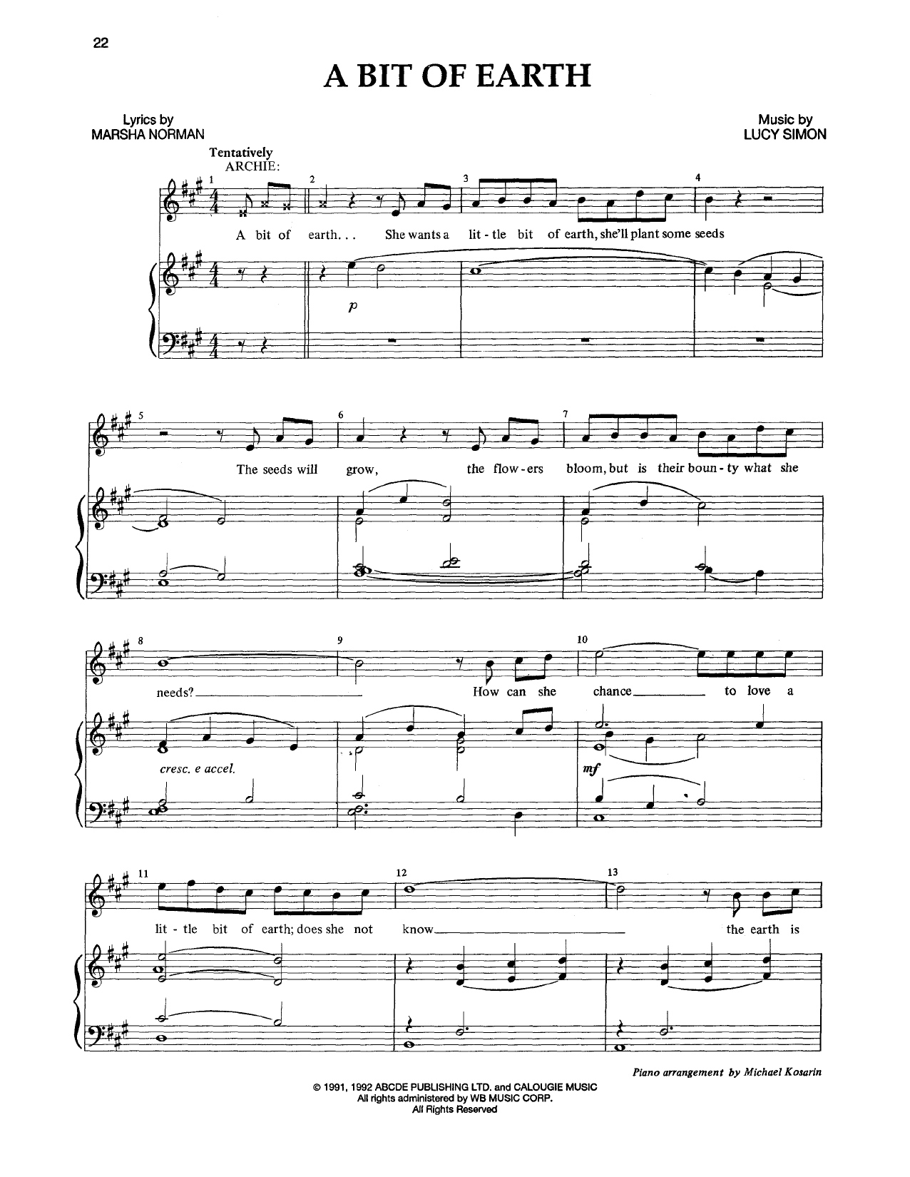 Marsha Norman & Lucy Simon A Bit Of Earth sheet music notes and chords arranged for Piano & Vocal