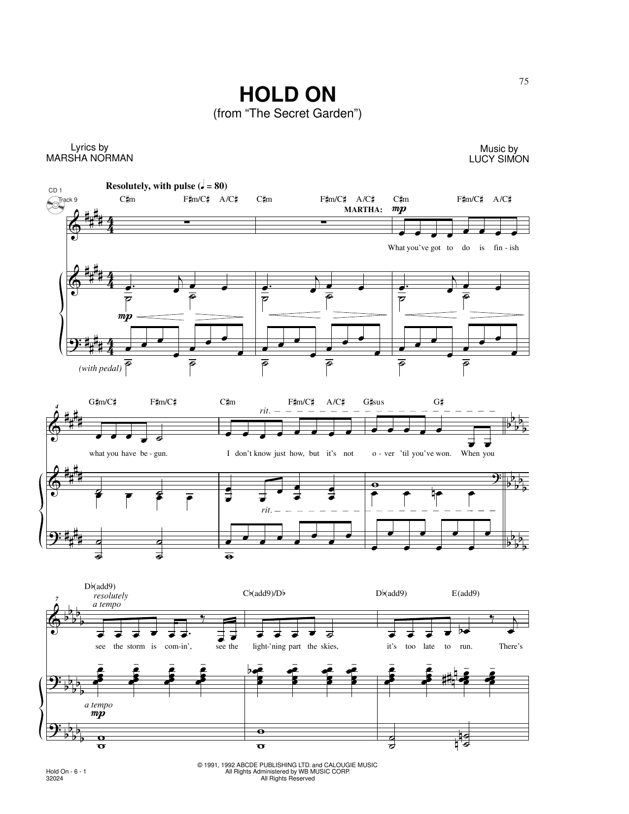 Marsha Norman & Lucy Simon Hold On (from The Secret Garden) sheet music notes and chords arranged for Piano & Vocal