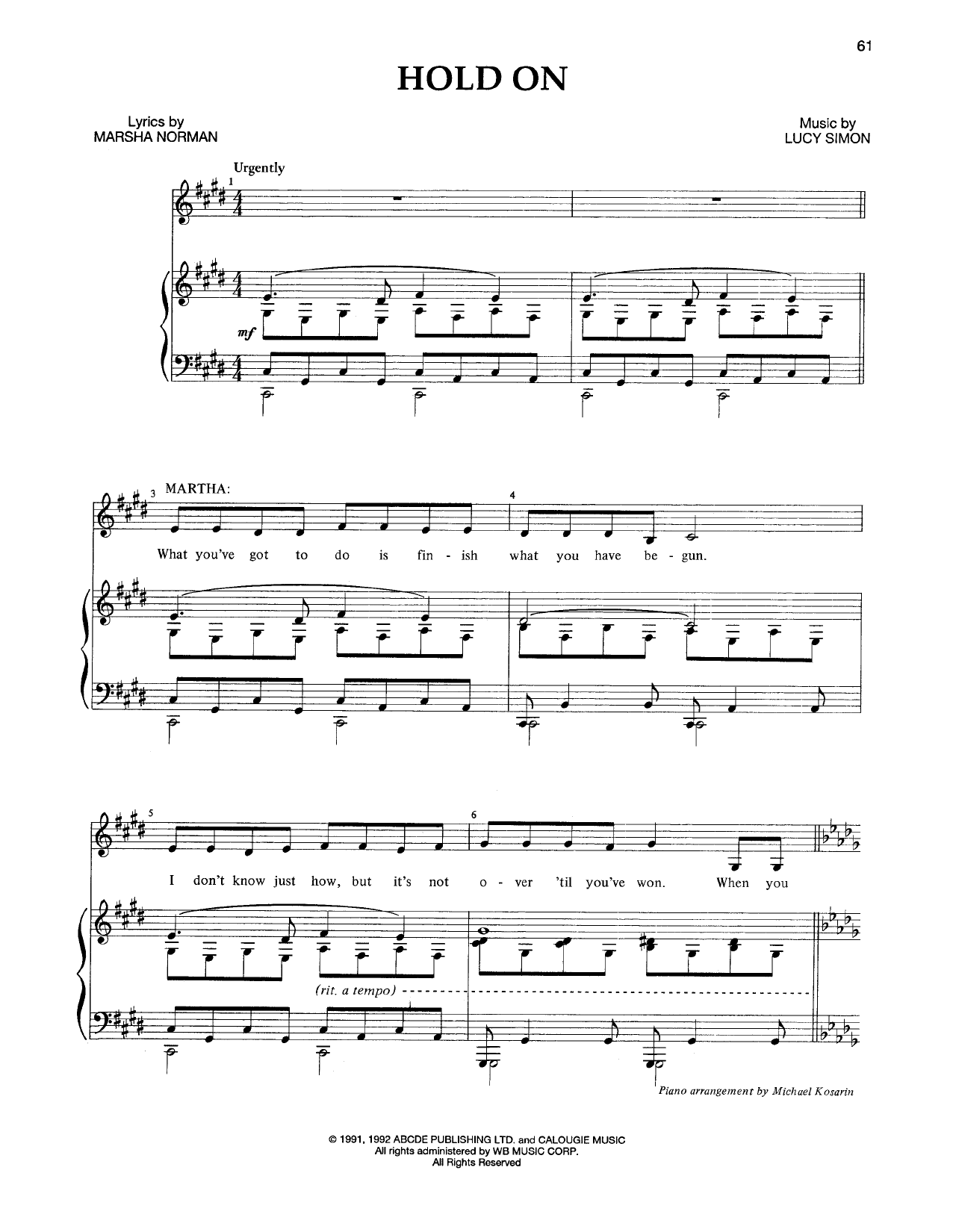 Marsha Norman & Lucy Simon Hold On sheet music notes and chords arranged for Piano & Vocal