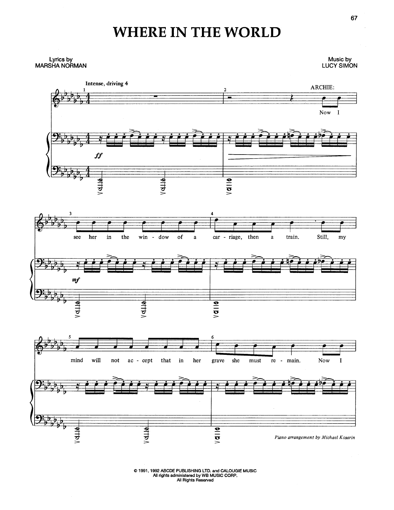 Marsha Norman & Lucy Simon Where In The World sheet music notes and chords arranged for Piano & Vocal