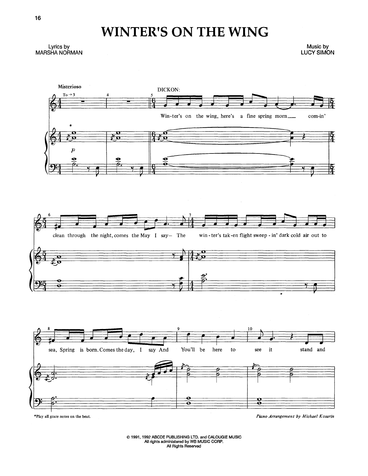 Marsha Norman & Lucy Simon Winter's On The Wing sheet music notes and chords arranged for Piano & Vocal