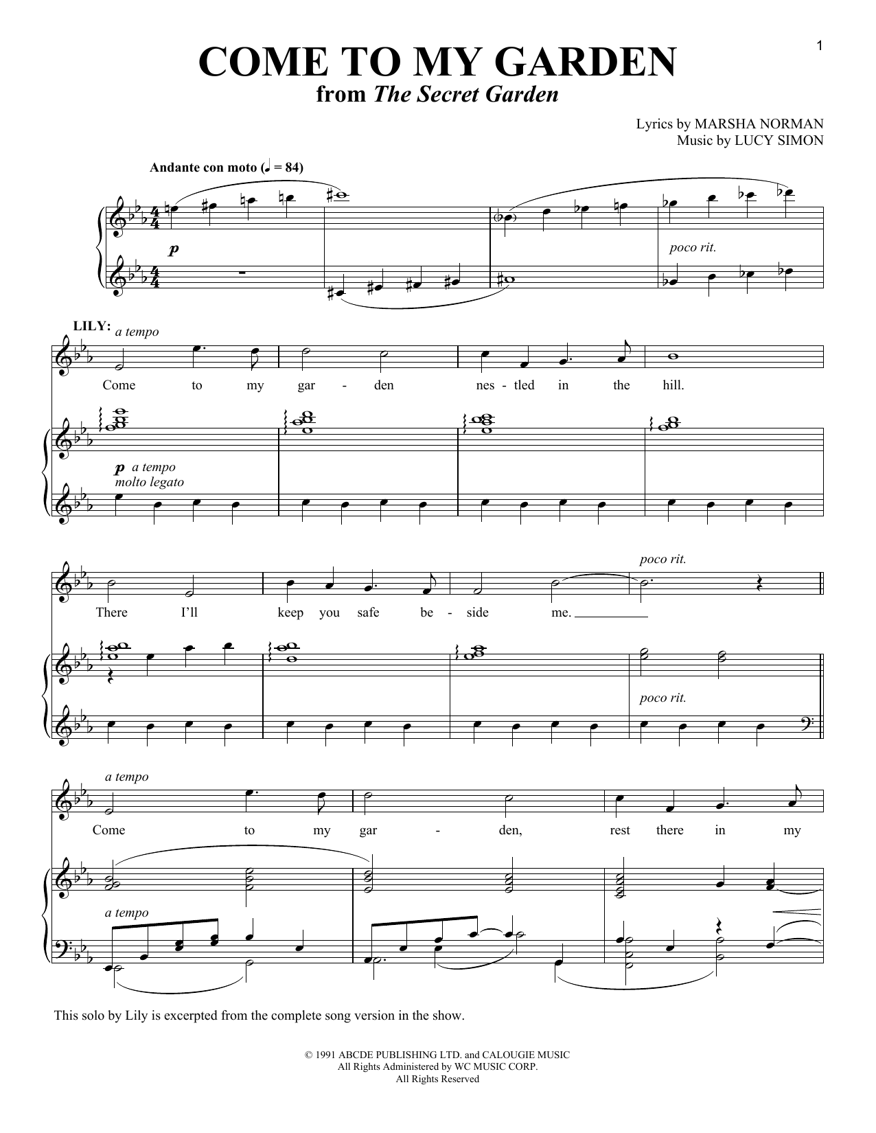 Marsha Norman and Lucy Simon Come To My Garden (from The Secret Garden) sheet music notes and chords arranged for Piano & Vocal