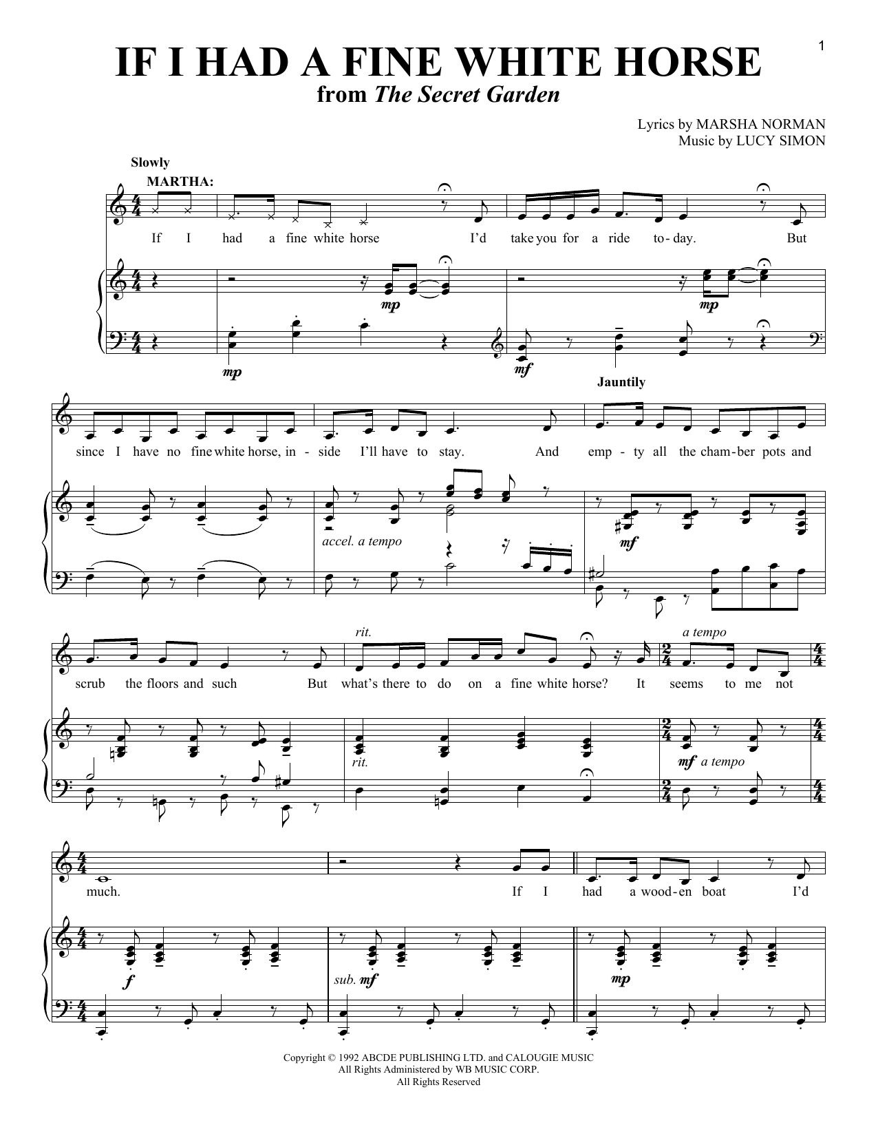 Marsha Norman If I Had A Fine White Horse sheet music notes and chords arranged for Piano & Vocal