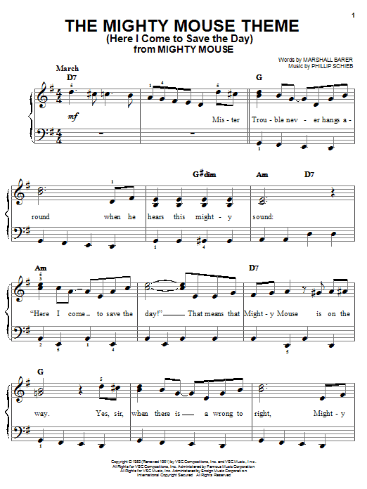 Marshall Barer The Mighty Mouse Theme (Here I Come To Save The Day) sheet music notes and chords arranged for Easy Piano