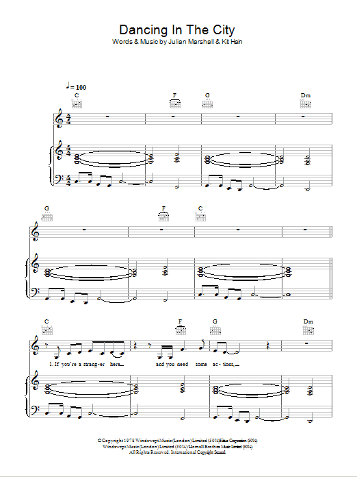 Marshall Hain Dancing In The City sheet music notes and chords arranged for Piano, Vocal & Guitar Chords