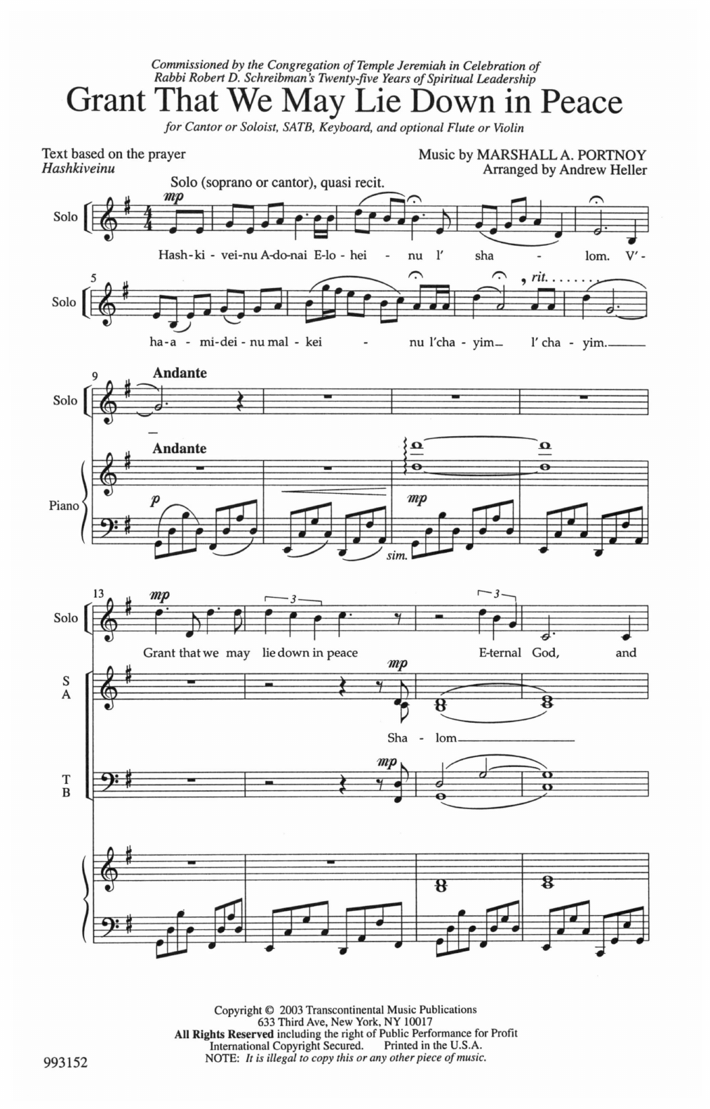 Marshall Portnoy Grant That We Lie Down sheet music notes and chords arranged for SATB Choir