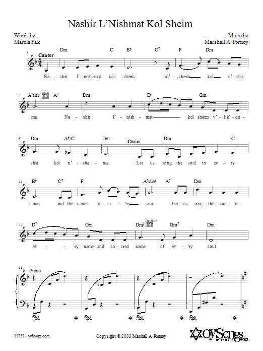 Marshall Portnoy Nashir L'nishmat Kol Sheim sheet music notes and chords arranged for Lead Sheet / Fake Book