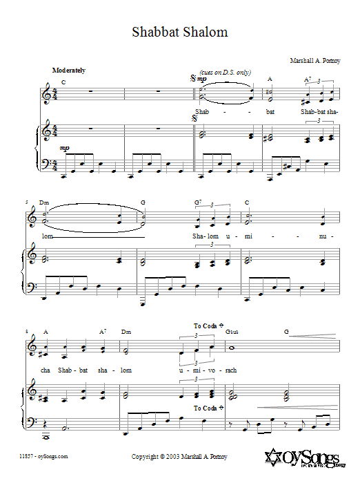 Marshall Portnoy Shabbat Shalom sheet music notes and chords arranged for Piano, Vocal & Guitar Chords (Right-Hand Melody)