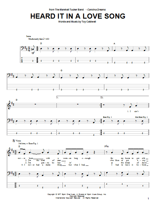Marshall Tucker Band Heard It In A Love Song sheet music notes and chords arranged for Bass Guitar Tab