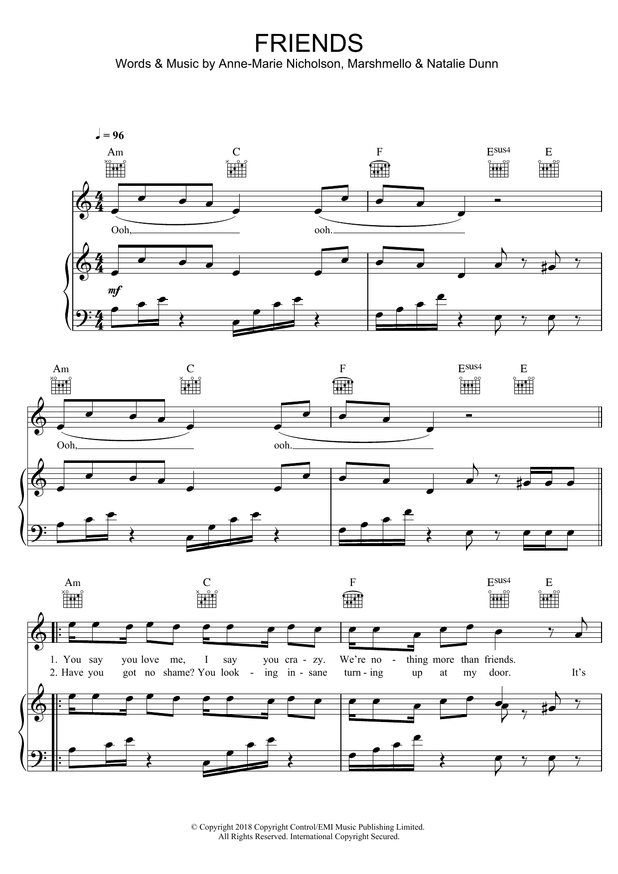Marshmello & Anne-Marie FRIENDS sheet music notes and chords arranged for Piano, Vocal & Guitar Chords (Right-Hand Melody)