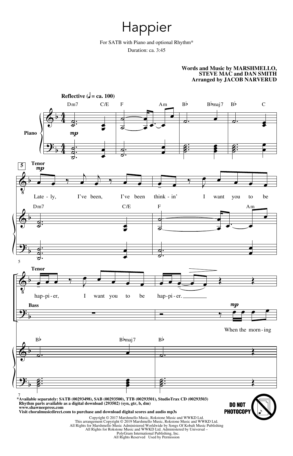 Marshmello & Bastille Happier (arr. Jacob Narverud) sheet music notes and chords arranged for SAB Choir