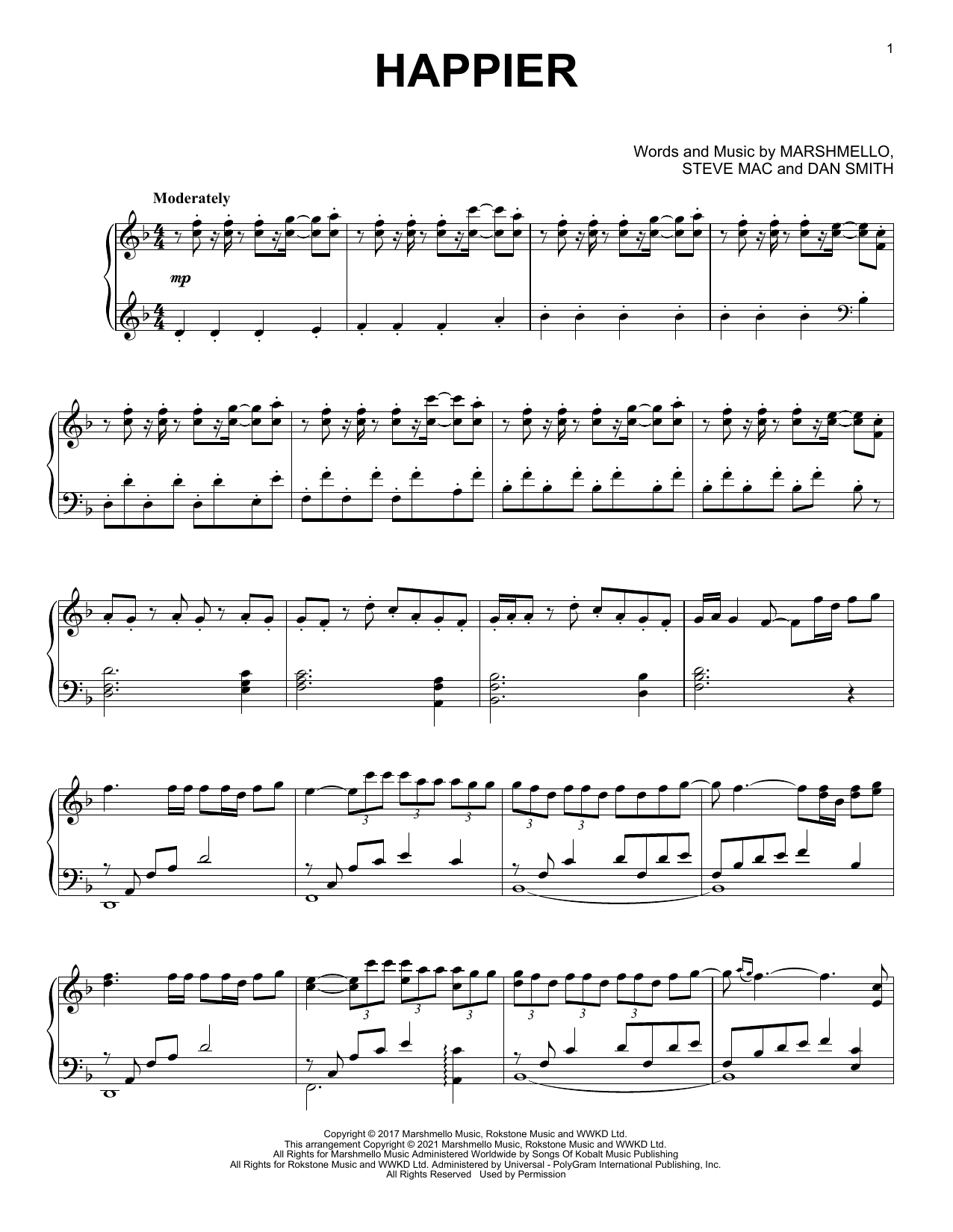 Marshmello & Bastille Happier [Classical version] sheet music notes and chords arranged for Piano Solo