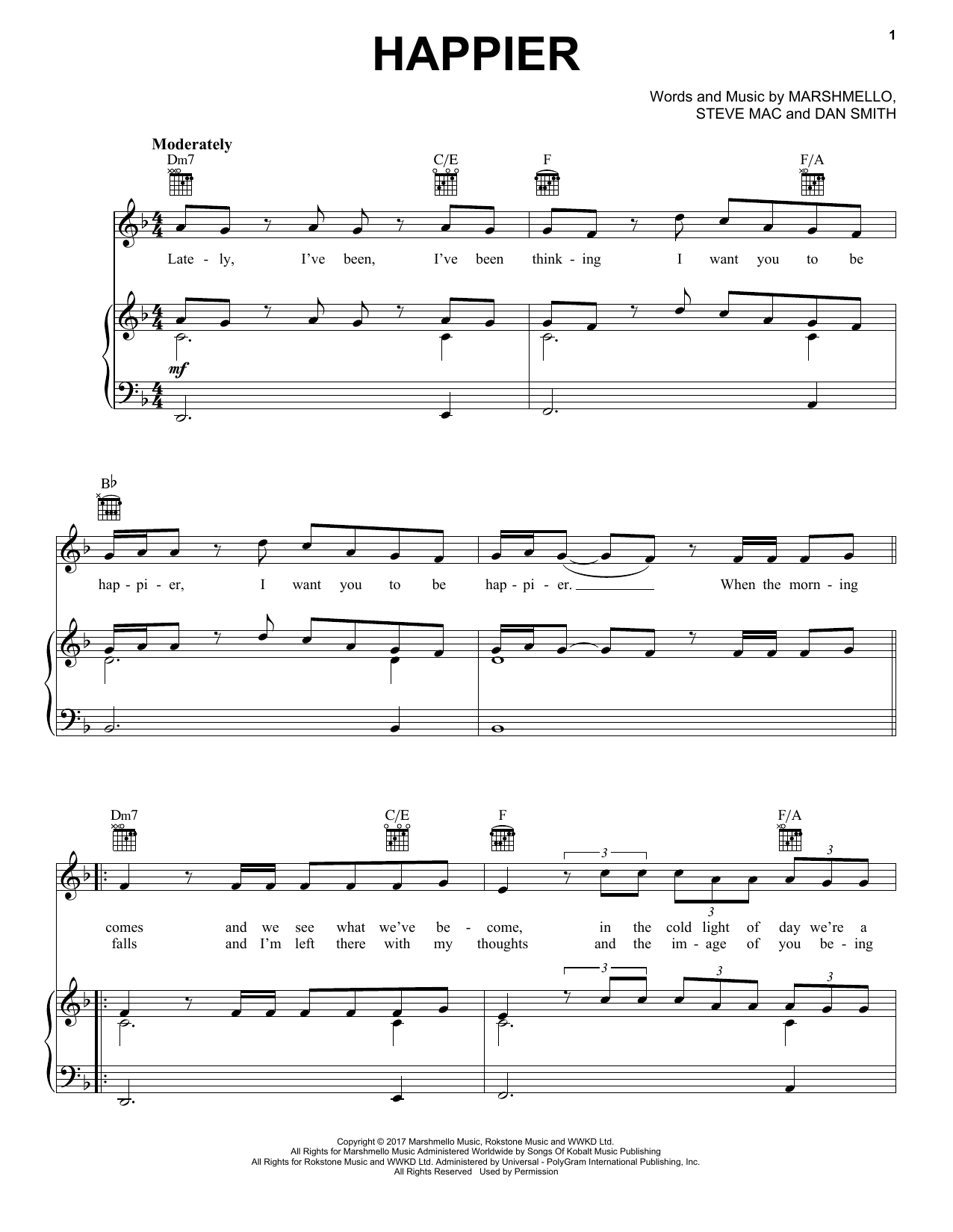 Marshmello & Bastille Happier sheet music notes and chords arranged for Piano Solo