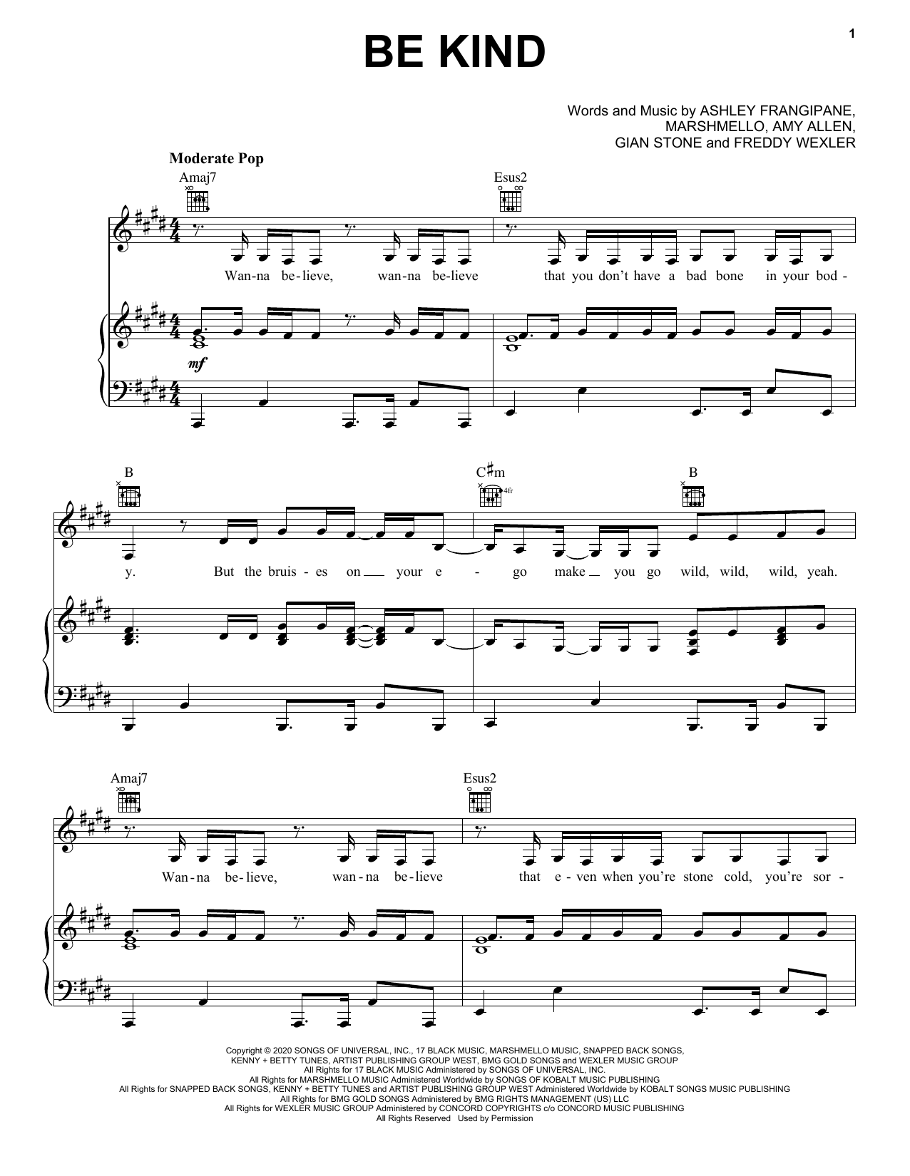 Marshmello & Halsey Be Kind sheet music notes and chords arranged for Easy Piano