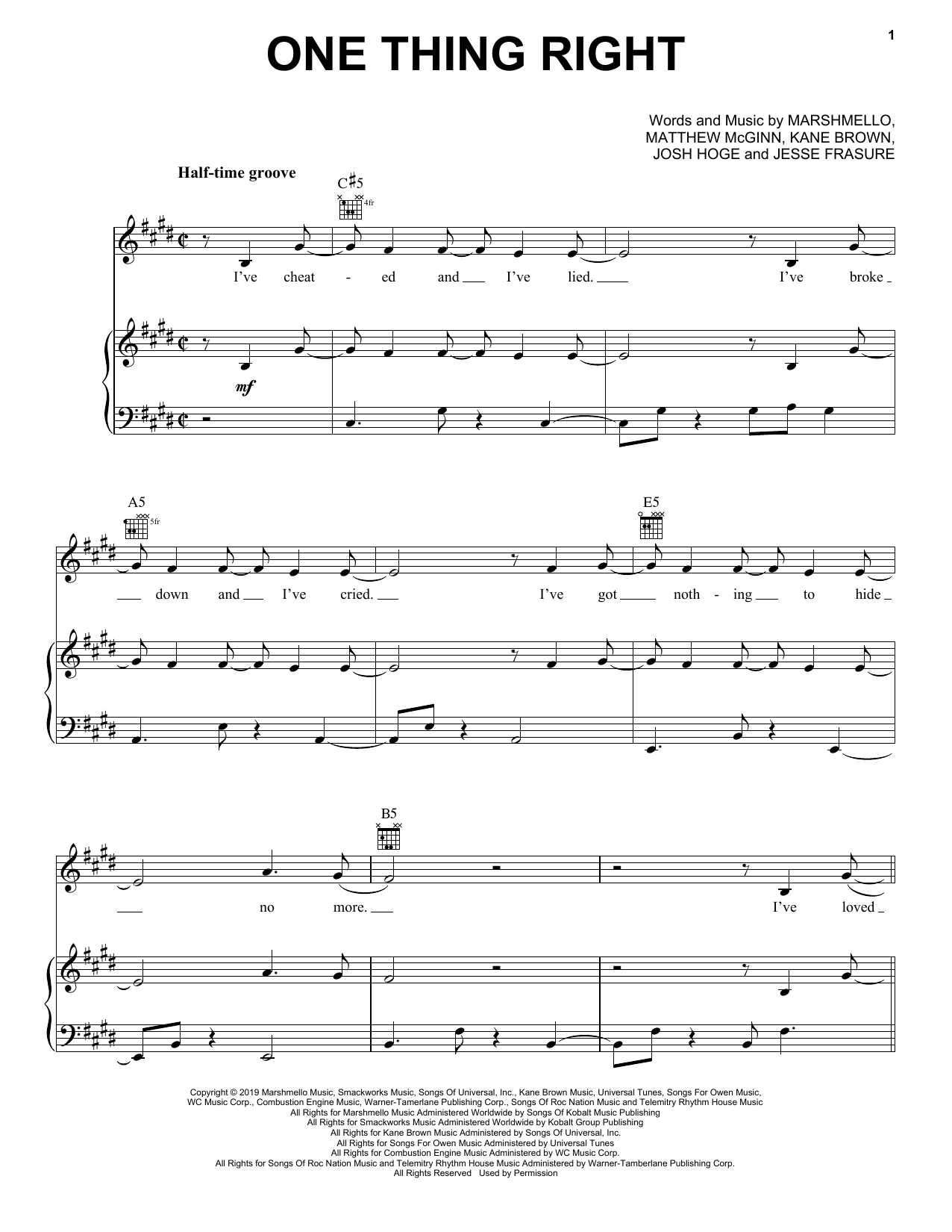 Marshmello & Kane Brown One Thing Right sheet music notes and chords arranged for Piano, Vocal & Guitar Chords (Right-Hand Melody)