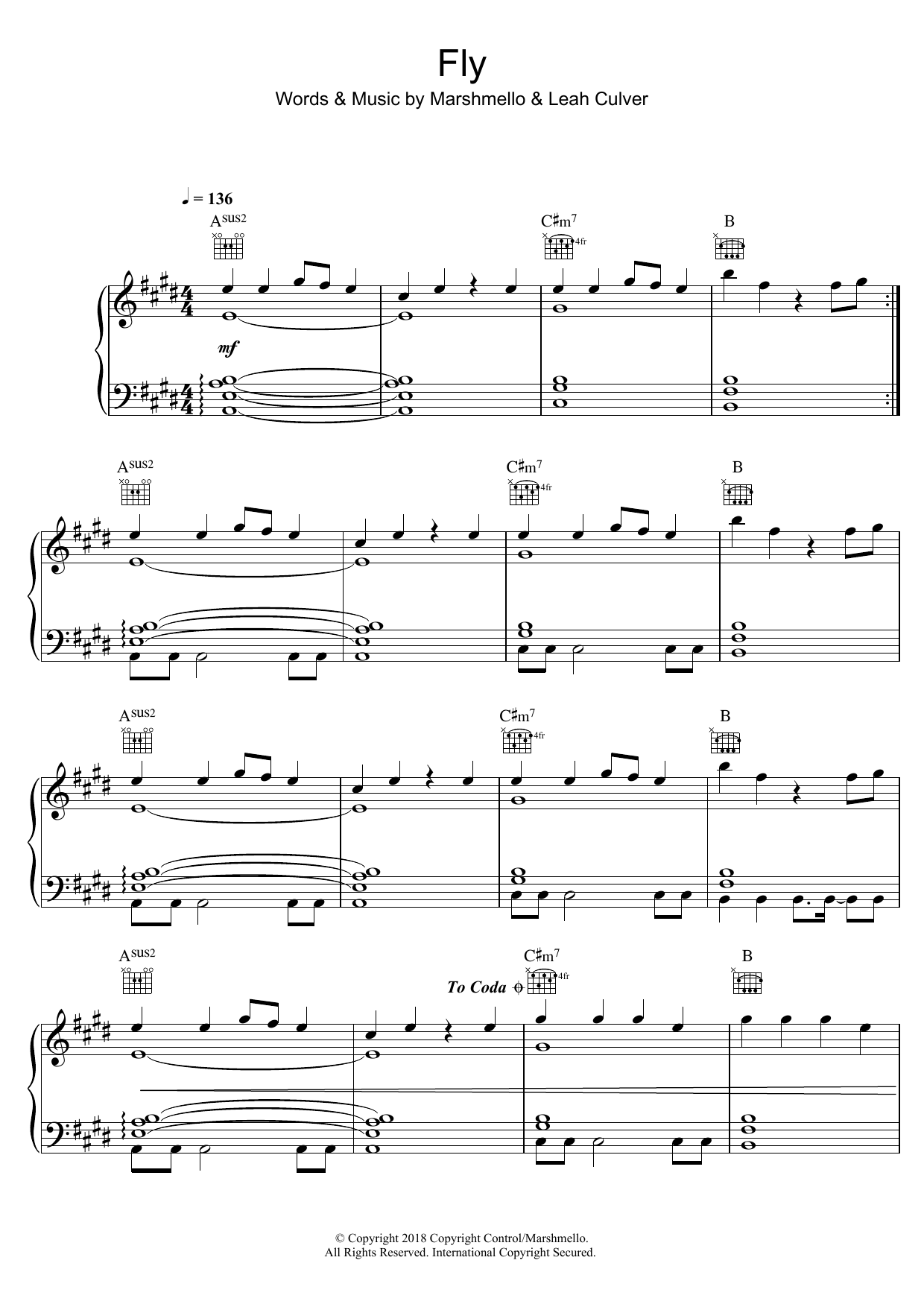 Marshmello Fly (featuring Leah Culver) sheet music notes and chords arranged for Piano, Vocal & Guitar Chords