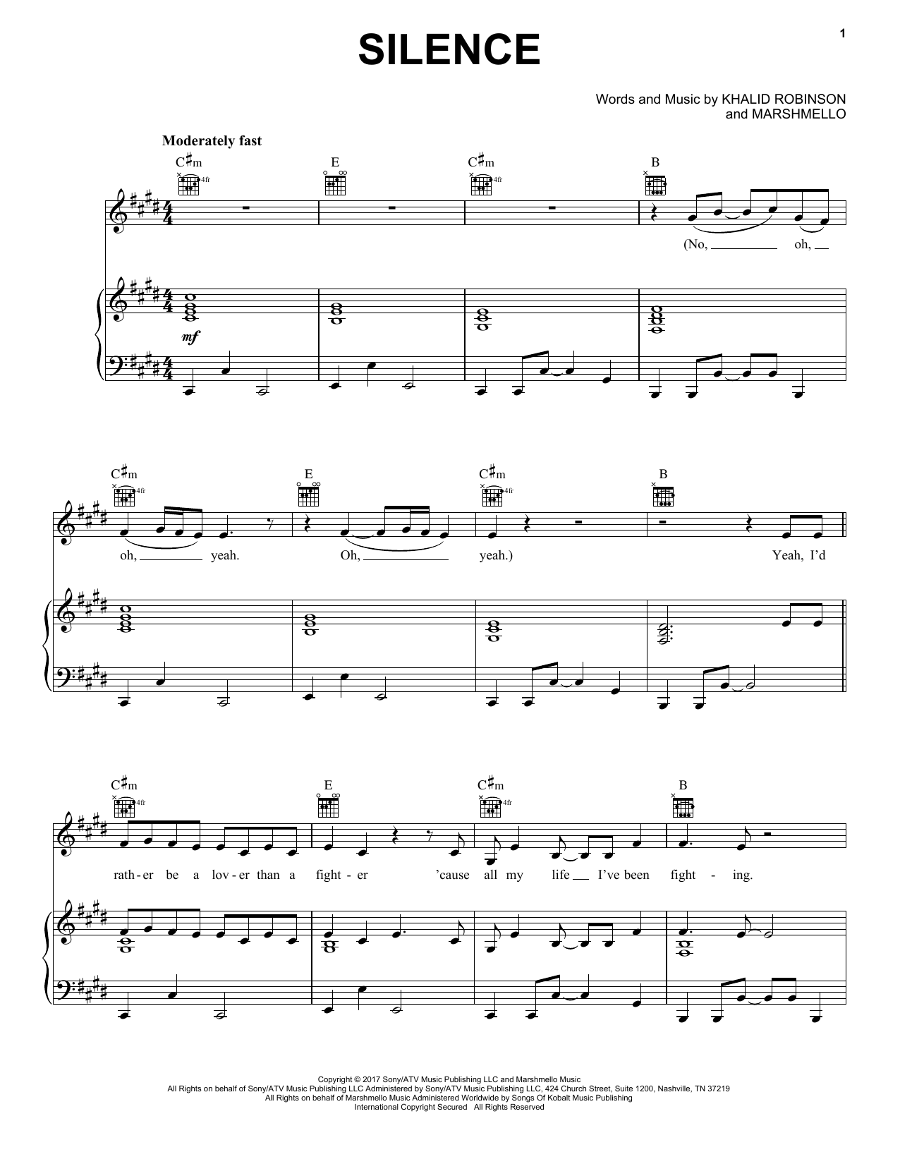 Marshmello Silence (feat. Khalid) sheet music notes and chords arranged for Piano, Vocal & Guitar Chords (Right-Hand Melody)