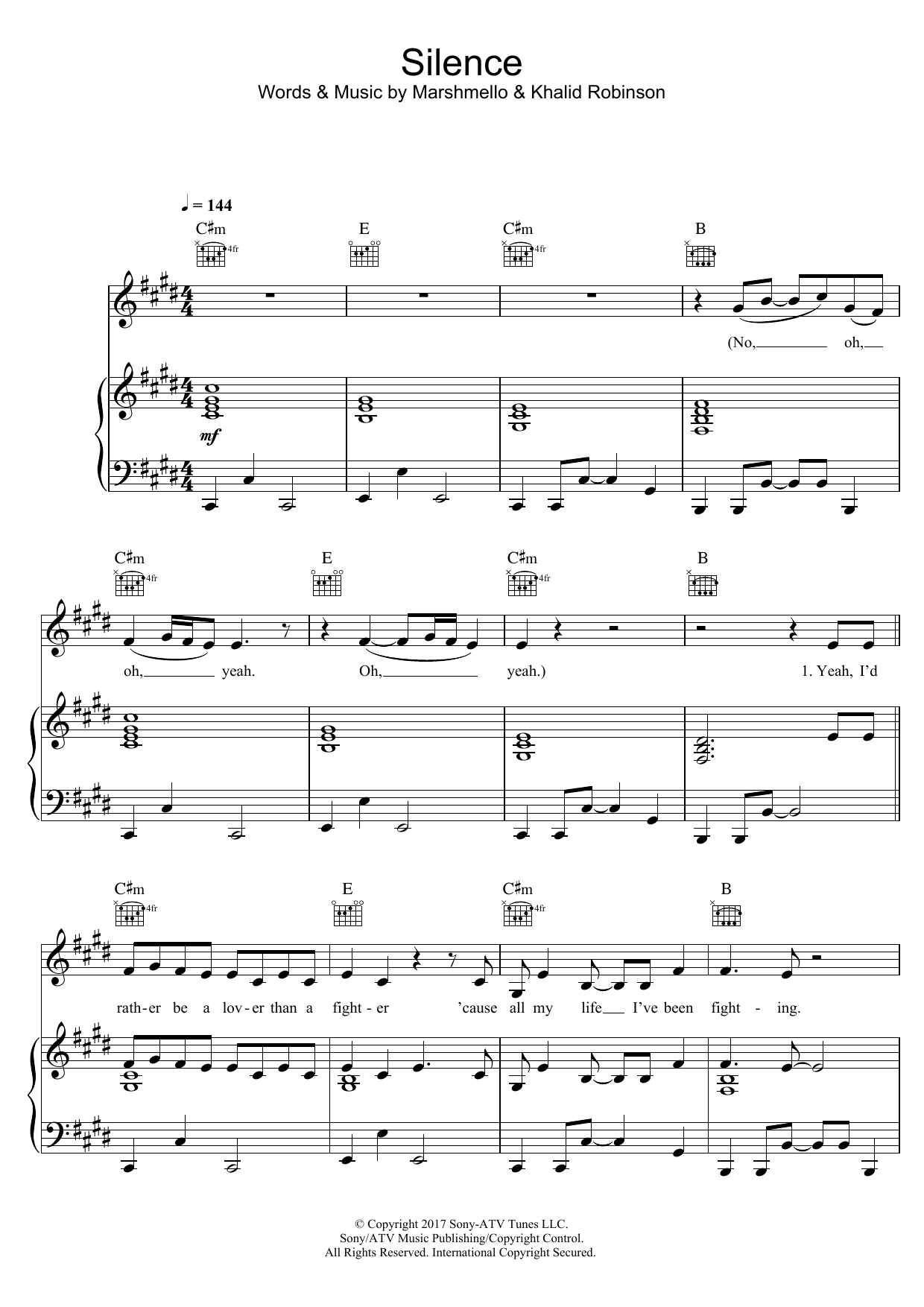 Marshmello Silence (featuring Khalid) sheet music notes and chords arranged for Piano, Vocal & Guitar Chords