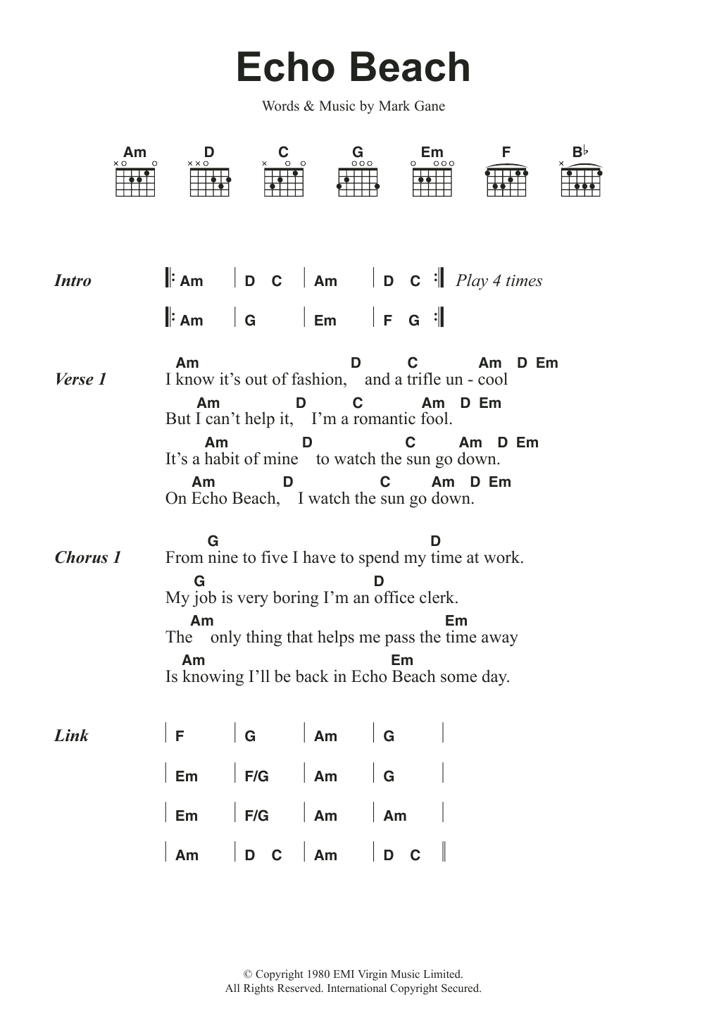 Martha & The Muffins Echo Beach sheet music notes and chords arranged for Ukulele