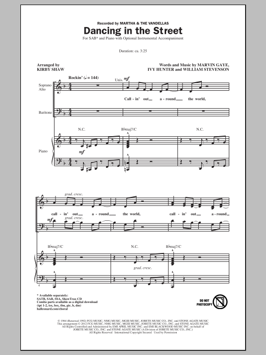 Martha & The Vandellas Dancing In The Street (arr. Kirby Shaw) sheet music notes and chords arranged for SAB Choir