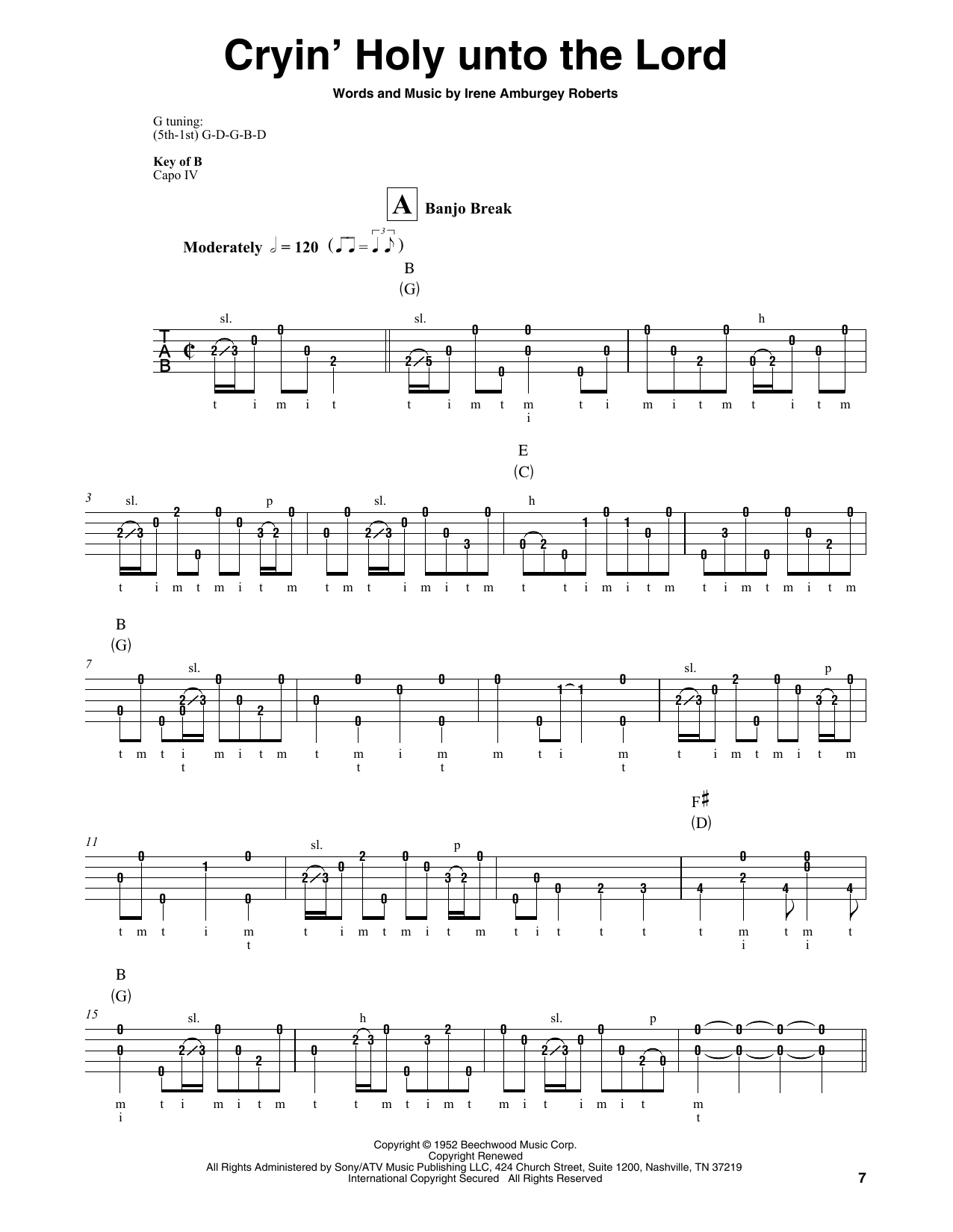 Martha Carson Cryin' Holy Unto The Lord sheet music notes and chords arranged for Banjo Tab