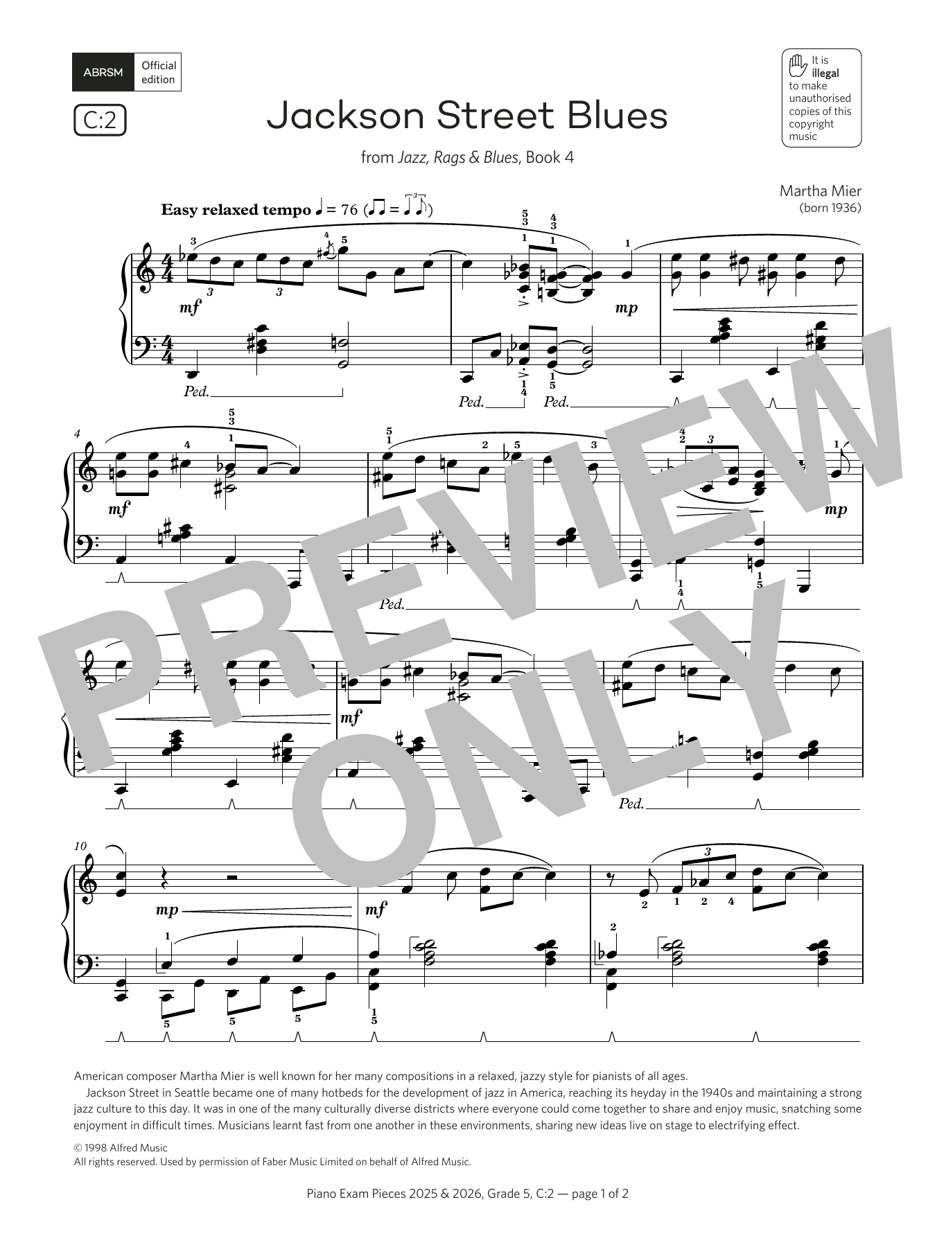 Martha Mier Jackson Street Blues (Grade 5, list C2, from the ABRSM Piano Syllabus 2025 & 2026) sheet music notes and chords arranged for Piano Solo