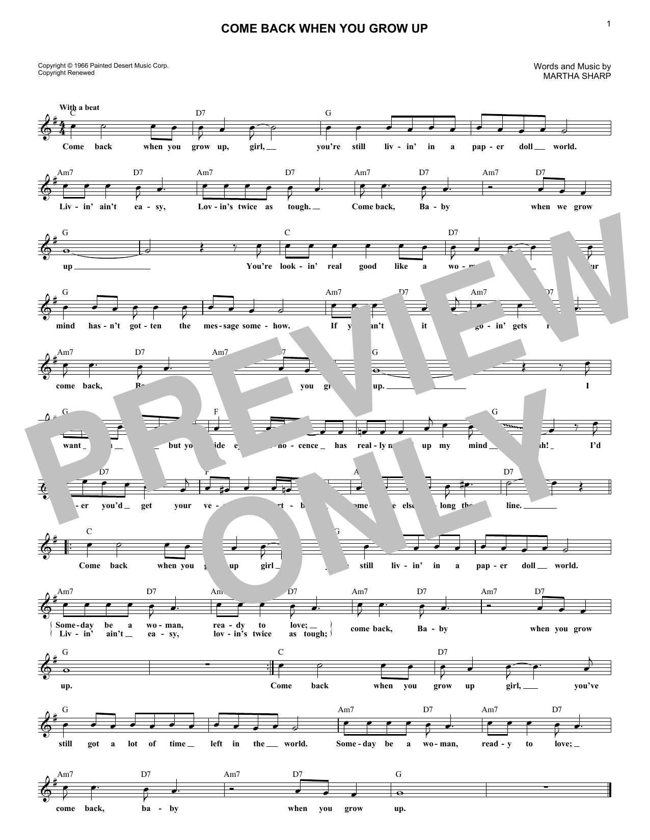 Bobby Vee and The Strangers Come Back When You Grow Up sheet music notes and chords arranged for Lead Sheet / Fake Book