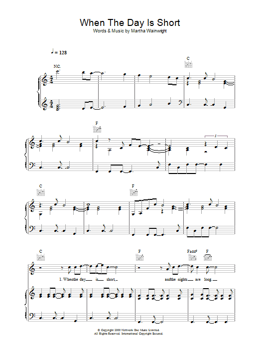 Martha Wainwright When The Day Is Short sheet music notes and chords arranged for Piano, Vocal & Guitar Chords