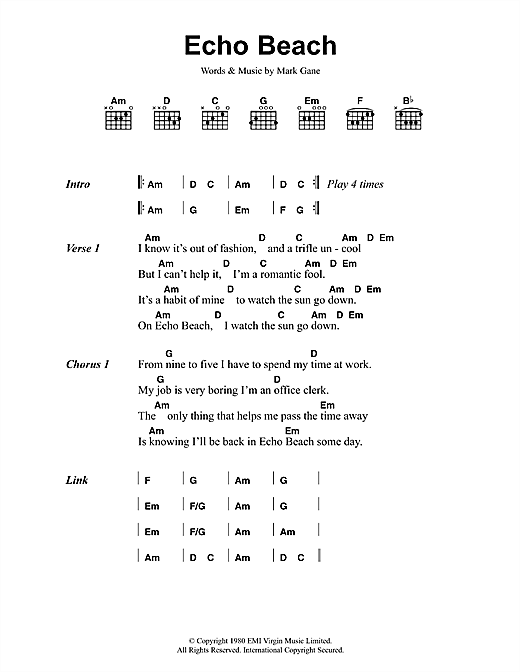 Martha & The Muffins Echo Beach sheet music notes and chords arranged for Ukulele