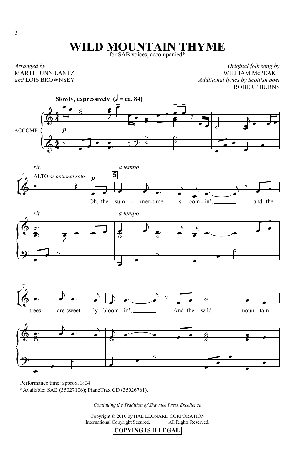 Marti Lunn Lantz & Lois Brownsey Wild Mountain Thyme sheet music notes and chords arranged for SAB Choir