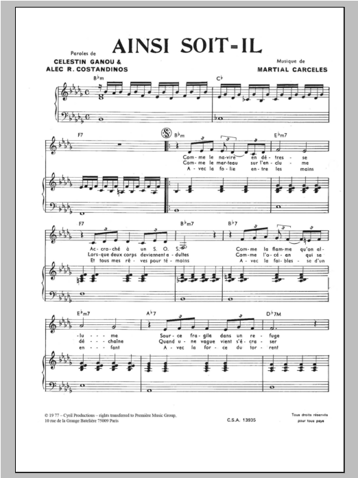 Martial Carceles Ainsi Soit Il (As It Must Be) sheet music notes and chords arranged for Piano & Vocal