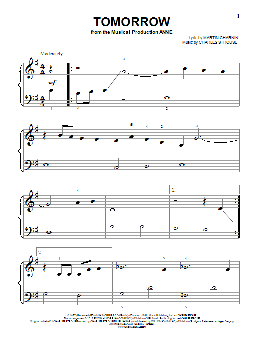 Martin Charnin Tomorrow sheet music notes and chords arranged for Super Easy Piano