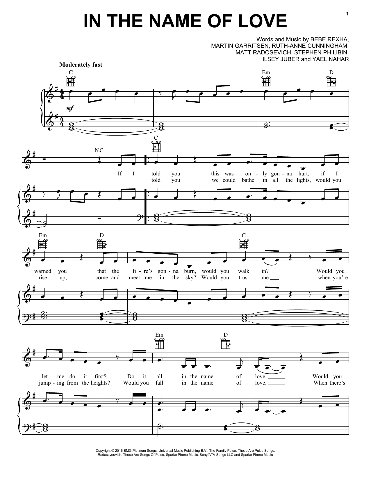 Martin Garrix & Bebe Rexha In The Name Of Love sheet music notes and chords arranged for Piano, Vocal & Guitar Chords (Right-Hand Melody)