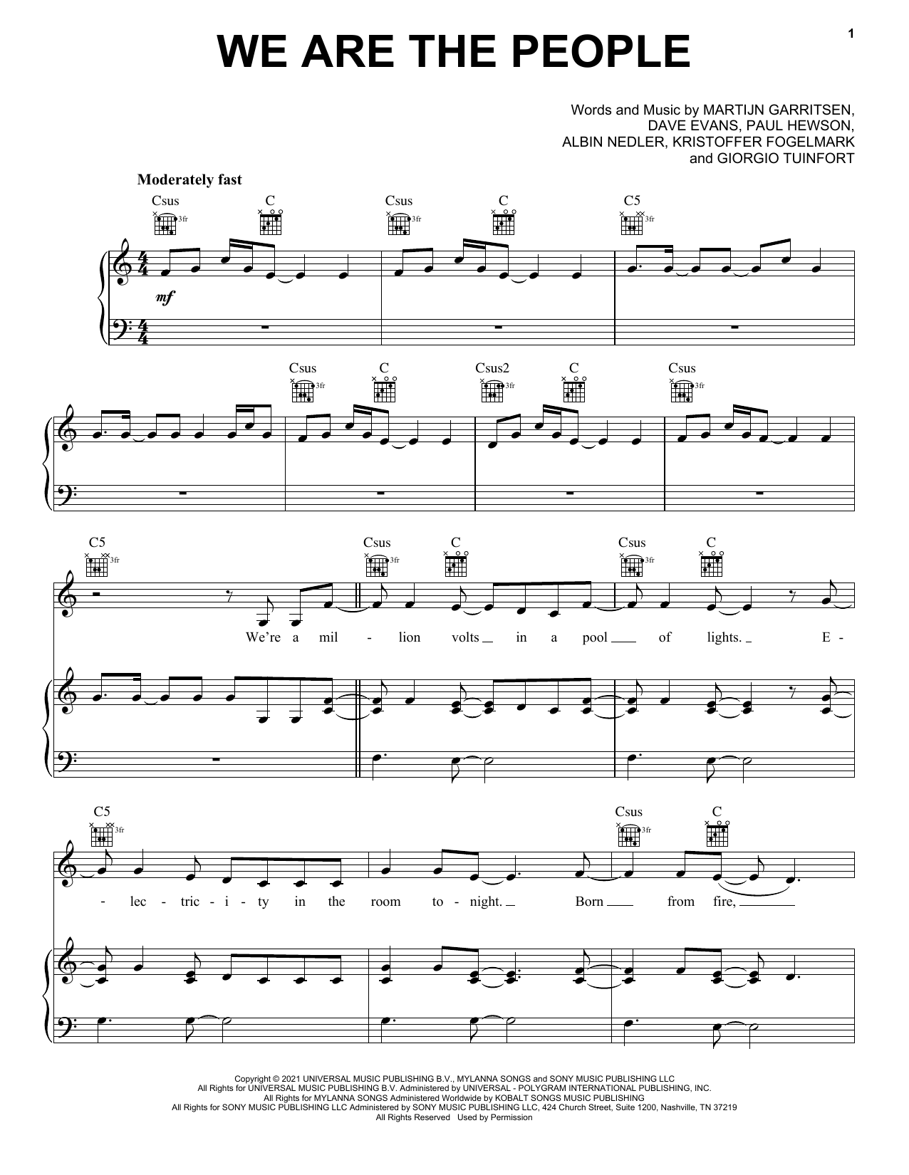 Martin Garrix We Are The People (feat. Bono & The Edge) [Official UEFA EURO 2020 Song] sheet music notes and chords arranged for Piano, Vocal & Guitar Chords (Right-Hand Melody)