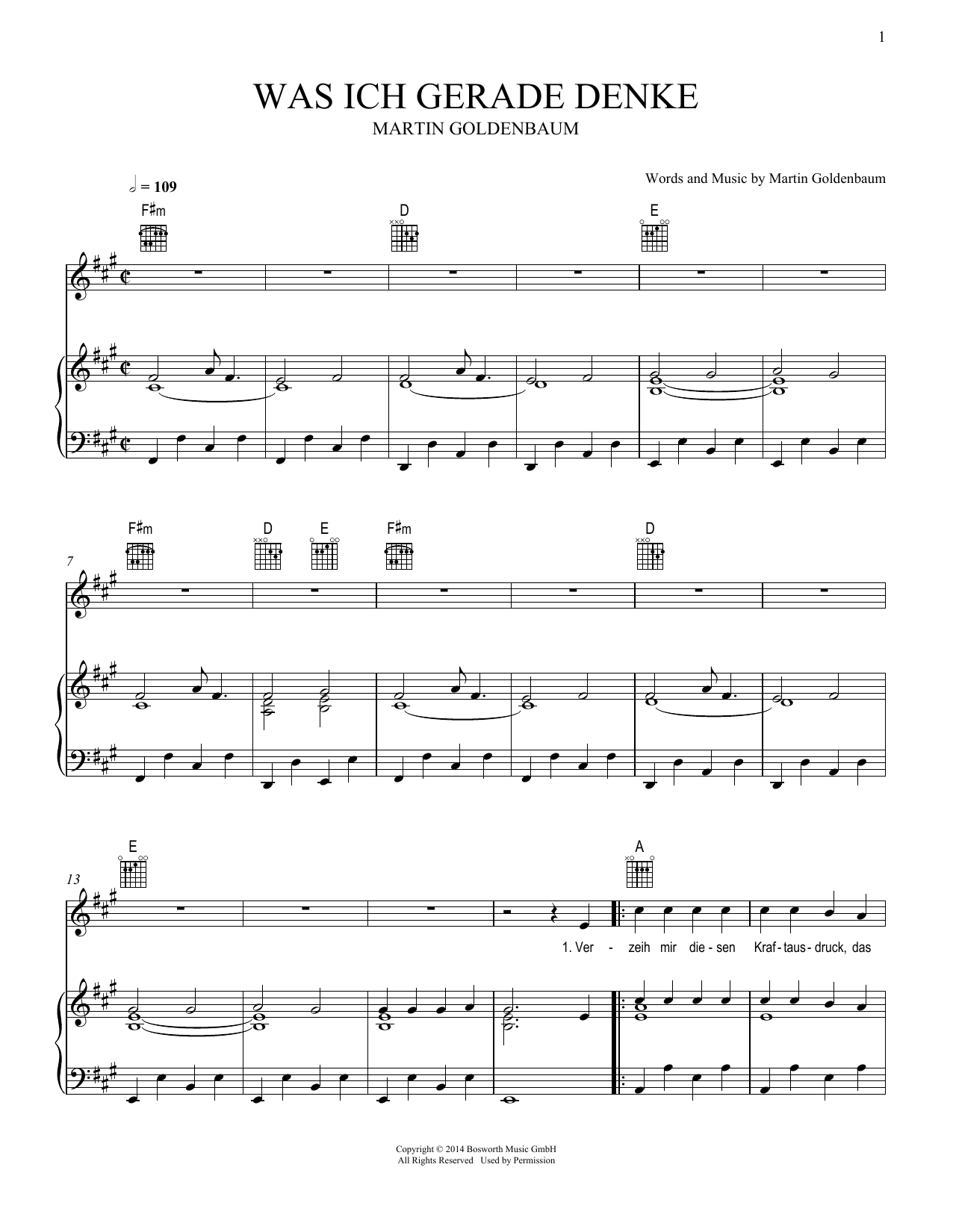 Martin Goldenbaum Was ich gerade denke sheet music notes and chords arranged for Piano, Vocal & Guitar Chords (Right-Hand Melody)