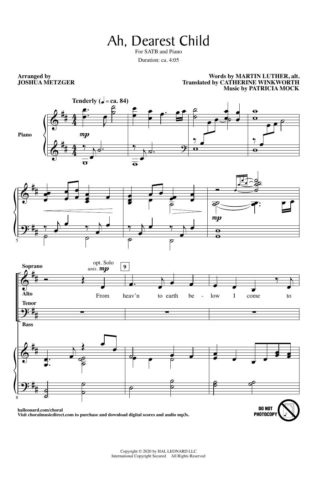 Martin Luther and Patricia Mock Ah, Dearest Child (arr. Joshua Metzger) sheet music notes and chords arranged for SATB Choir
