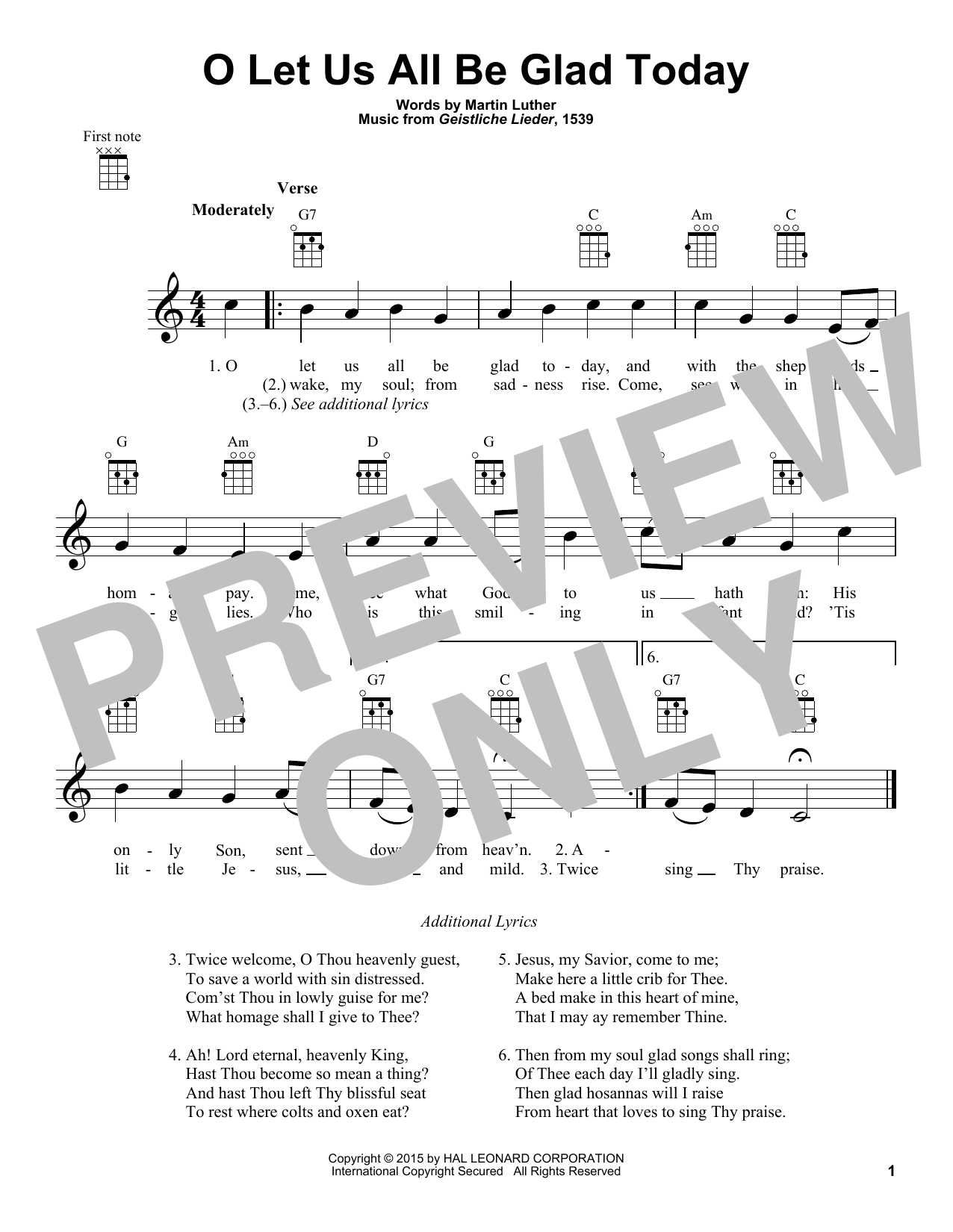 Martin Luther O Let Us All Be Glad Today sheet music notes and chords arranged for Ukulele