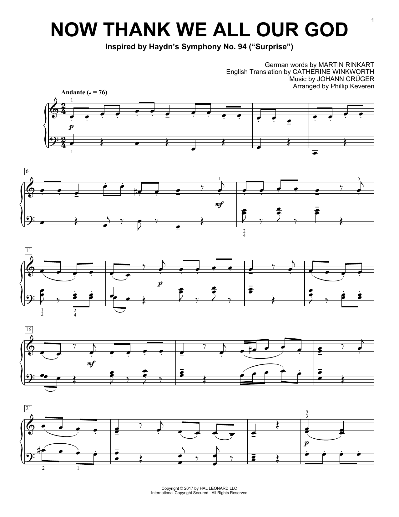 Martin Rinkart Now Thank We All Our God (arr. Phillip Keveren) sheet music notes and chords arranged for Piano Solo
