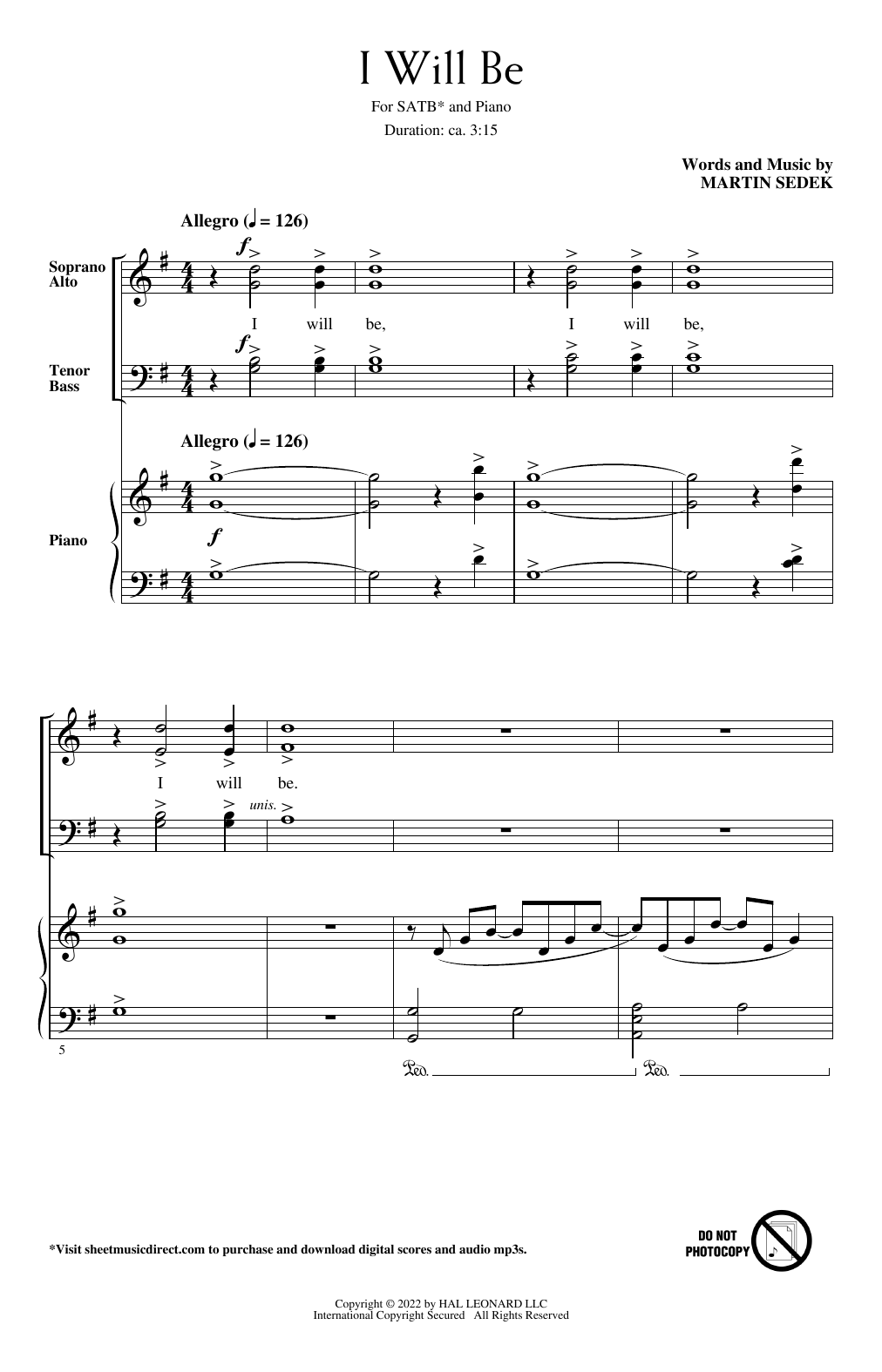 Martin Sedek I Will Be sheet music notes and chords arranged for SATB Choir