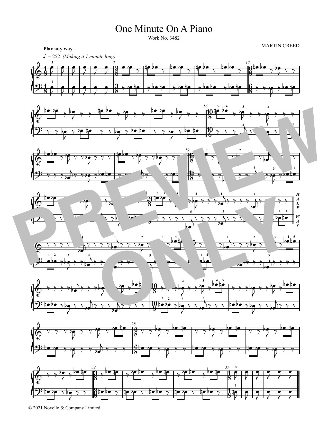 Martin Creed One Minute On A Piano sheet music notes and chords arranged for Piano Solo